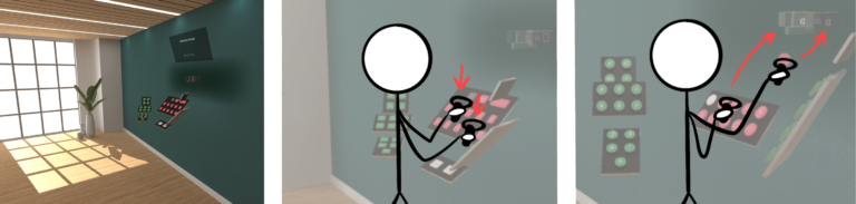 The image has three vignettes. First, the VR environment. A room with windows, green walls, wooden floor, and a plant in the corner. The second vignette shows a stick-figure user pressing buttons on a virtual keyboard to add mathematical symbols to the expression in front of them. The last vignette shows the user dragging and dropping the mathematical symbols directly onto the expression.